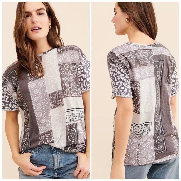 Free People Clarity Bandana Patchwork Short Sleeve Crew Neck T-Shirt Small - Picture 1 of 4